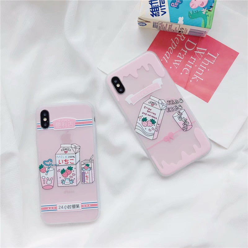 3D Cartoon Strawberry Milk Girl Silicon case for iPhone X 6 7 8 6s plus Kawaii Milky TPU Back Cover phone cases