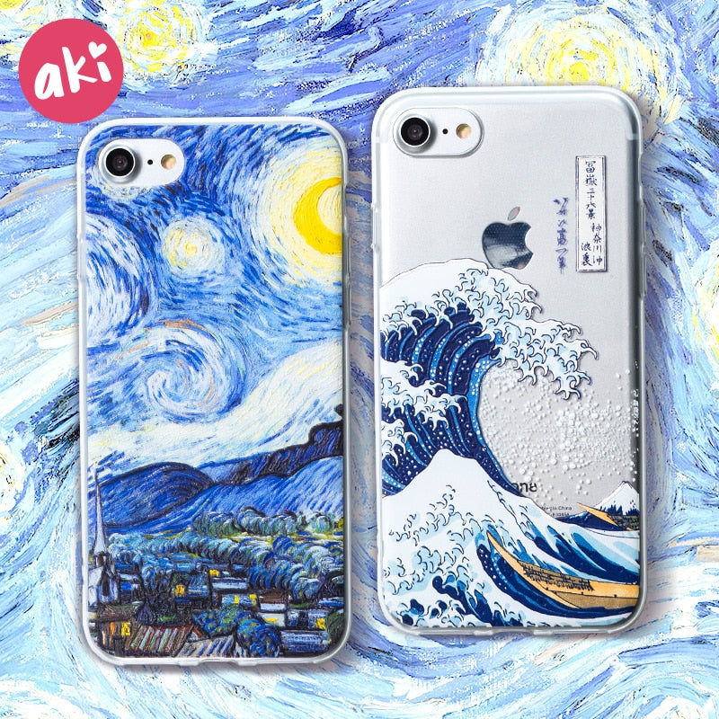 AKI Relief Phone Case for iPhone 6s 6 Plus Case Emboss Artistic Van Gogh Starry Night Soft for iPhone X iPhone 8 7 Plus Case