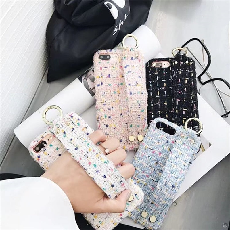 BINYEAE Woman Luxury Rivet Studded GRIP Strap Stand Phone Case For iPhone X Case Fabric Cover For iPhone 6S 7 Plus 8 Plus Capa