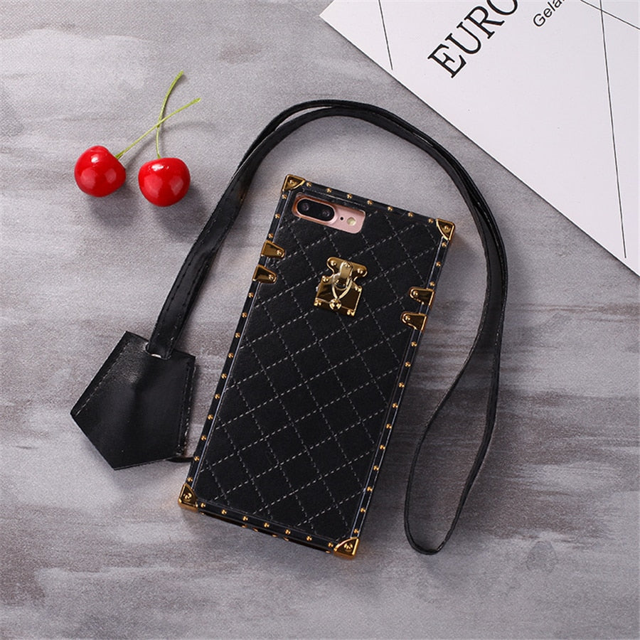 BYKRSEN Mobile Phone Cases for iphone X 6 6s 7 8 Plus 10 Vintage Luxury PU Leather Fashion Square Lattice Phone Back Cover Capa