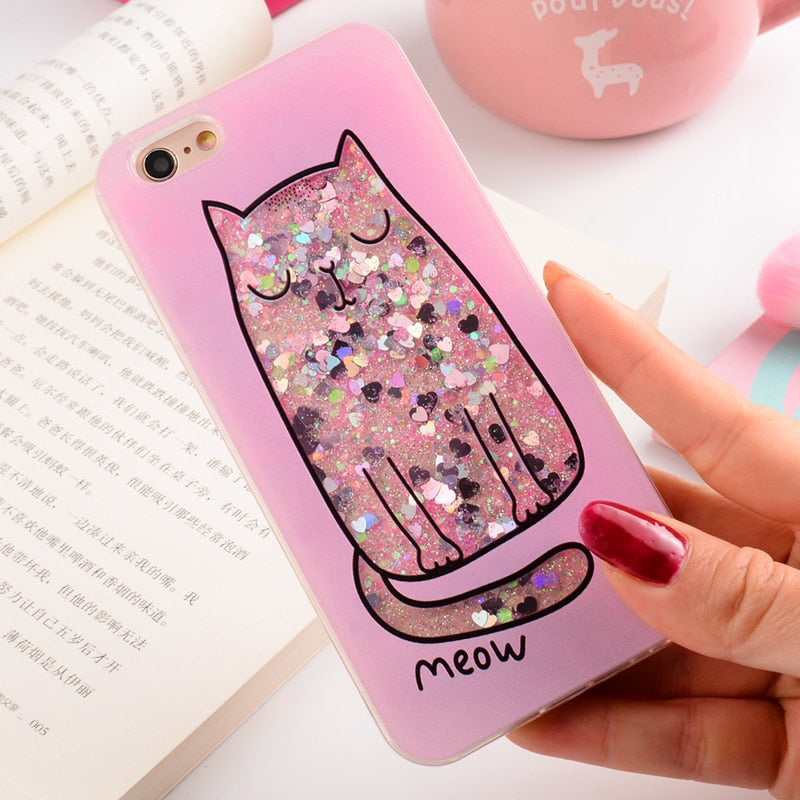 Cartoon Cat Flower Perfume Bottle Quicksand Dynamic Liquid Glitter Phone Case For iPhone 6 s Plus Case For iPhone 7 8 Plus Case