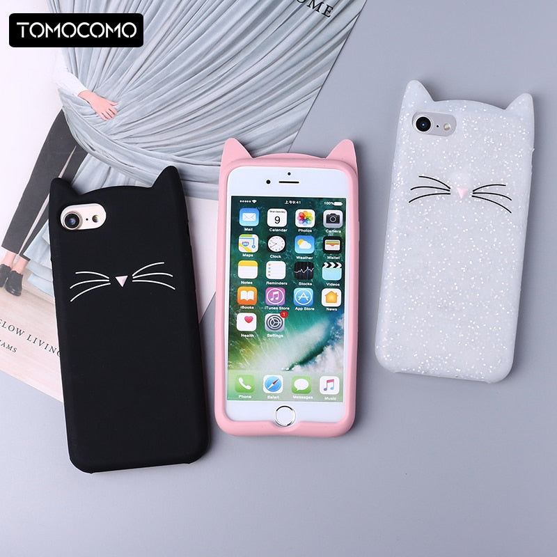 Cute 3D Silicone Cartoon Cat Pink Black Glitter Soft Phone Case Cover Coque Fundas For iPhone 7 7Plus 6 6S 6Plus 5 5S 8 8plus X
