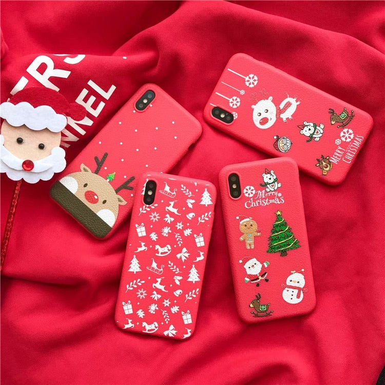 Cute Christmas Phone Case for iPhone 6 6S 7 8 Plus X Litchi Pattern Elk Animal Soft TPU Cases Cover Accessories Red Dog Tree
