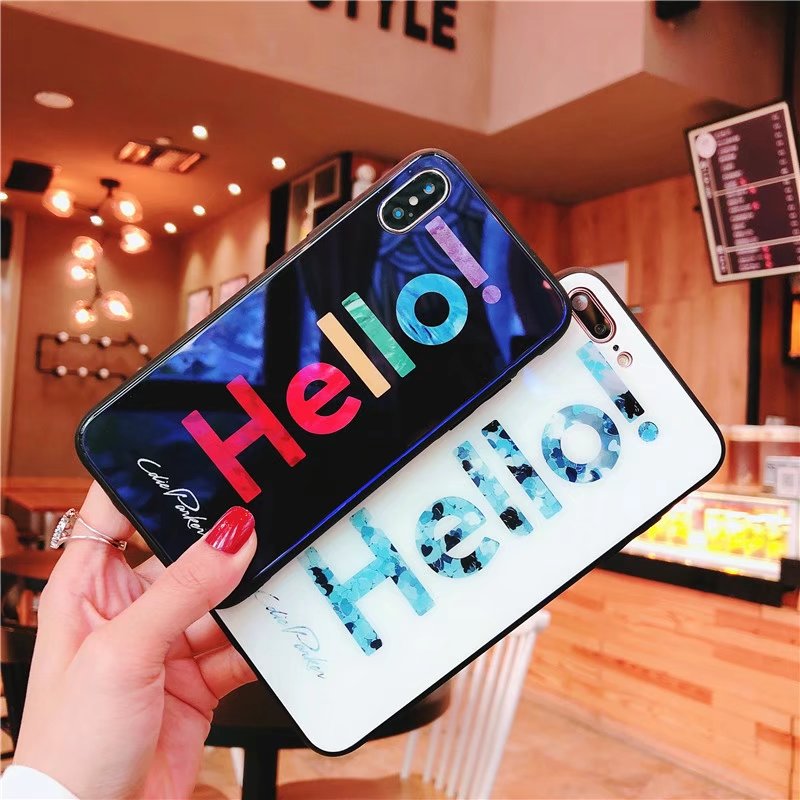 Fashion Blu-ray Tempered Glass colorful words HELLO Mobile Phone Case for iphone X 6 6s plus 7 7 plus 8 8 plus  Couple cases
