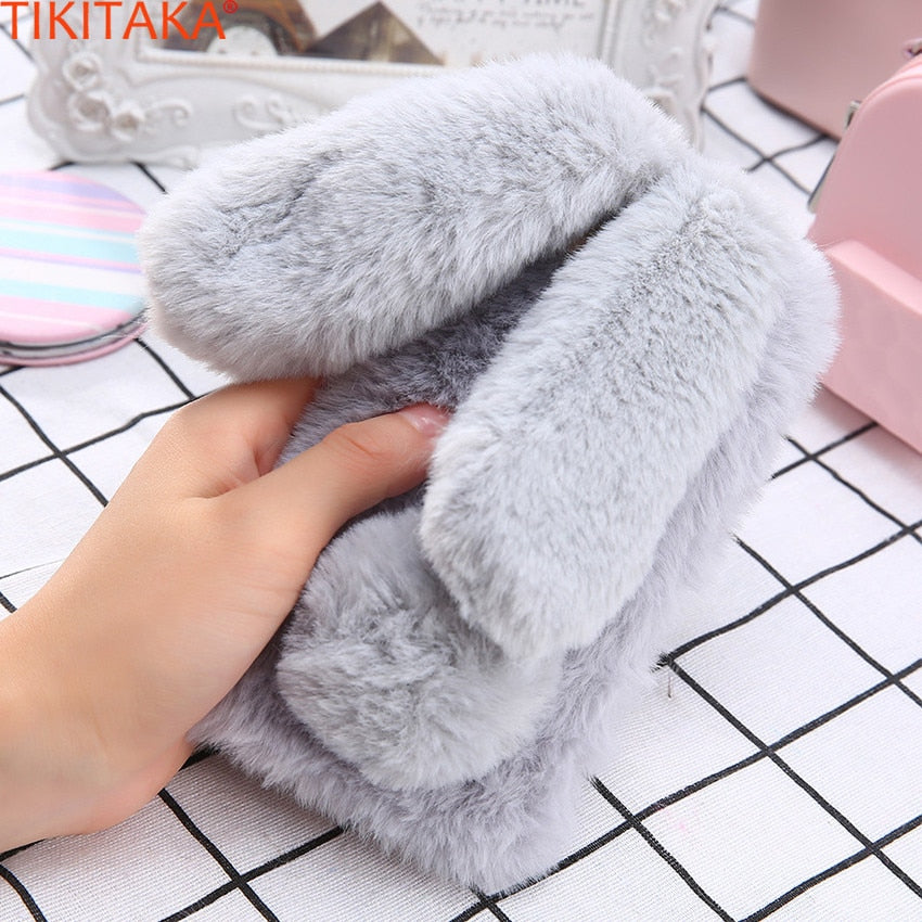 Fashion Fluffy Plush Warm Cell Phone Cases For iPhone SE 5 5s Cases Fur Rabbit Diamond Cover Soft TPU Fundas Coque For iPhone 5