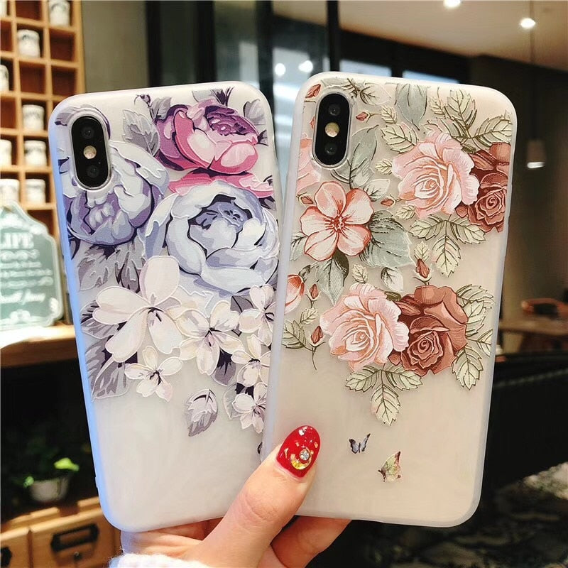Fashion Hot Phone Case For iPhone X 8 7 6 6S Plus 5 5S SE Cases 8Plus Silicone Soft Luxury Matte Cover 3D leaves Flower