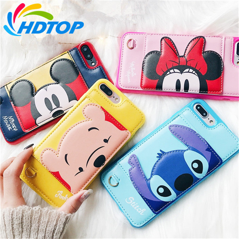HDTOP 3D Bracket Stitch Minnie Mickey Wallet Leather Cover Case For iphone 6 6S 7 8 Plus X Winnie Hold Card Phone Cases