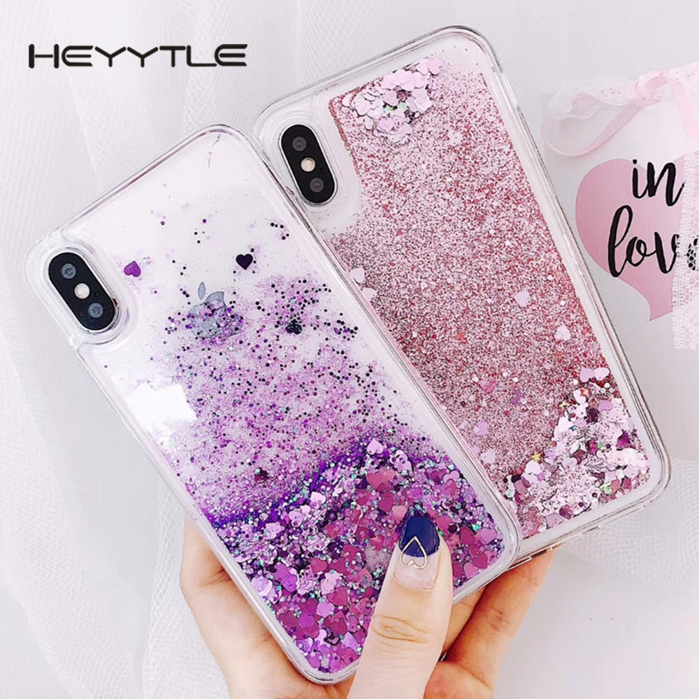 Heyytle Love Heart Liquid Phone Case For iPhone X 8 7 6S 6 Plus 5 5S 5C SE Quicksan Glitter Cute Soft Back Cover Shining Cases