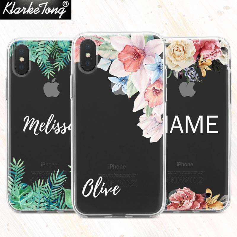 KlarkeTong Watercolor Flower Name Custom Phone Case For iPhone X 8 7 6 Plus 5 5s Soft Clear Summer Pattern Silicone Cover
