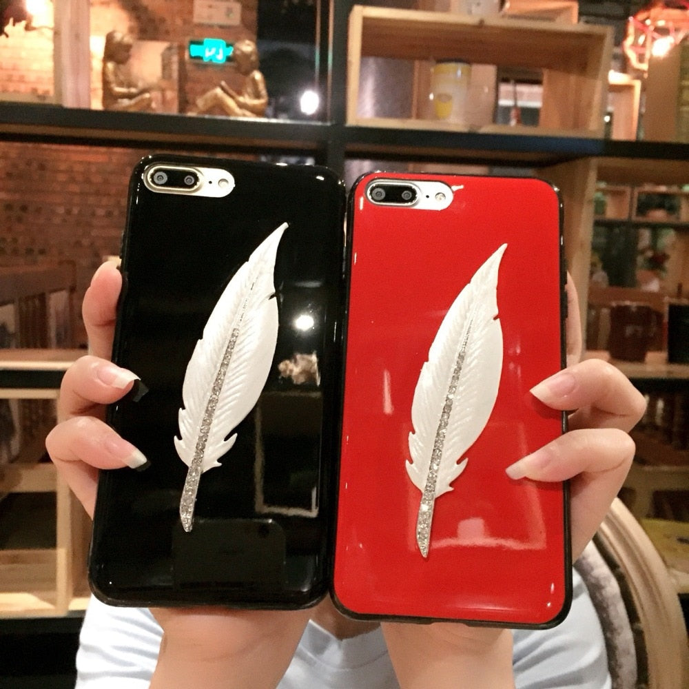 Kuutti Squishy Fashion Glossy Red Black White Rhinestone Feather TPU Phone Cases for iPhone 6 6s 7 8 Plus X Cover for Women Gift