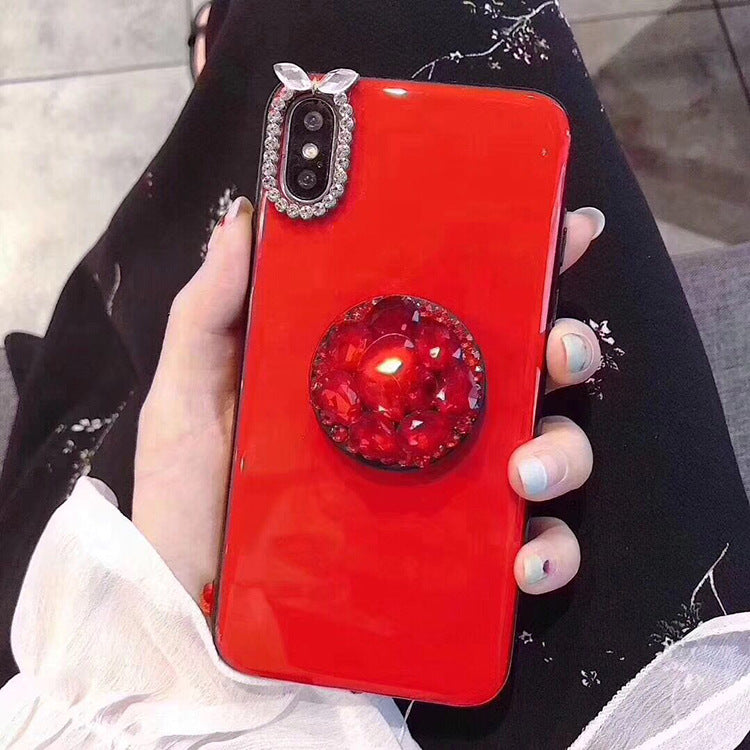 Kuutti Squishy Red Black Glossy Luxury Rhinestone Pop socket Phone Cases for iPhone 6 6s 7 8 Plus X Covers for Women Fundas Gift
