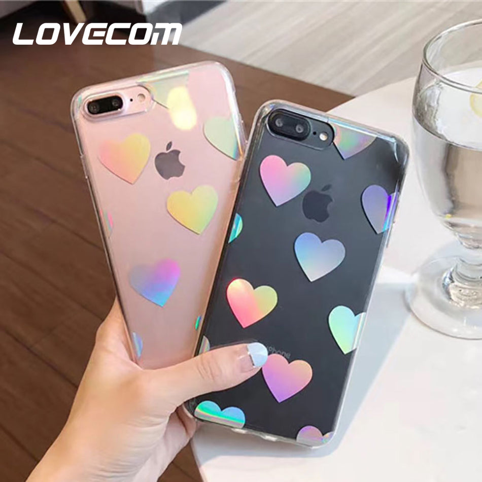 LOVECOM Holographic Laser Hearts Love Transparent Clear Phone Case Cover Coque For iPhone 6 6S 7 8 Plus X Soft TPU Shiny Cases