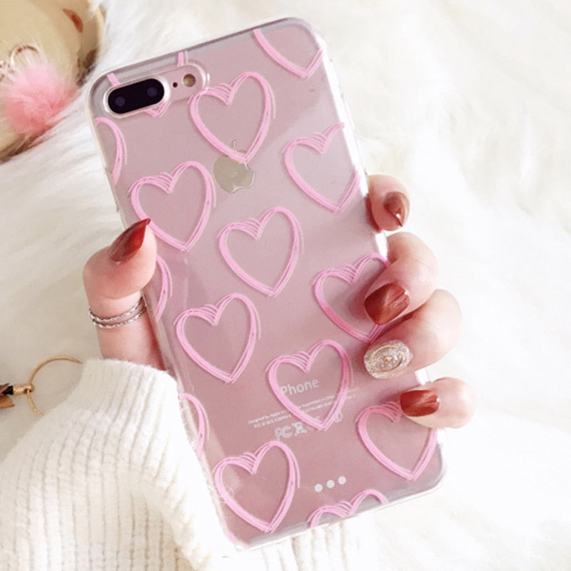 LOVECOM Phone Case For iPhone 5 5S SE 6 6S 7 8 Plus X Ultra-thin Pink Love Heart Phone Case Soft TPU Clear Back Cover Coque