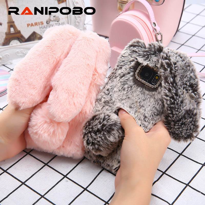 Lovely Rabbit Warm fur hair Phone Case For Samsung Galaxy J3 J5 J7 2016 J320 Diamond Plush Bunny Soft TPU Back Cover