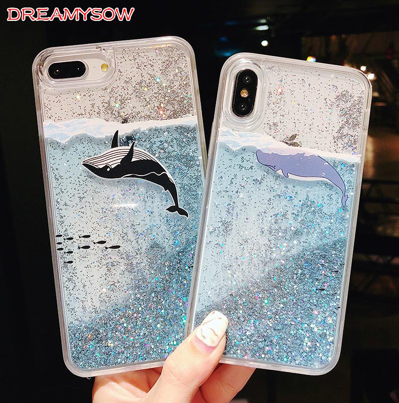 Luxury Cartoon Whale Fish Phone Case For iPhone 8 Plus X 7 Plus 6 6S Plus Transparent Glitter Star Dynamic Liquid Quicksand Case