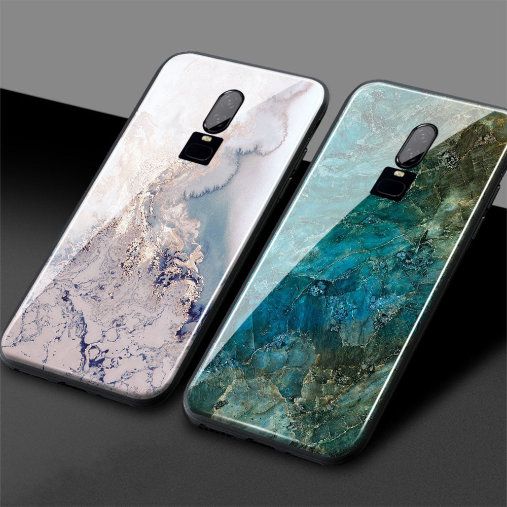 One Plus 6 Marble phone cover one plus 6 Jade pattern 1+6 Glossy Tempered Glass back cover Phone Case Shell For OnePlus 6