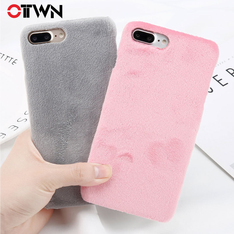 Ottwn Plush Phone Case For iPhone 8 Plus Smooth Hard PC Winter Warm Fur Furry Cover Solid Color Cases For iPhone8 7 6 6s Plus