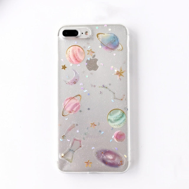 Shining Glitter Space planet phone Cases for iphone X 7 6 6S 6Plus Plus 8 8Plus Transparent Soft silicon Case back cover