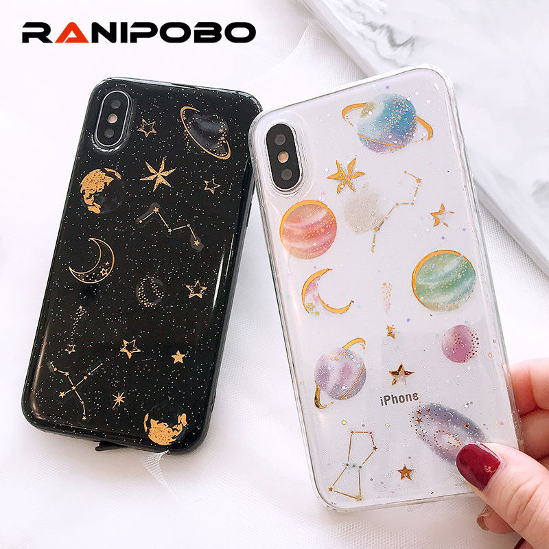 Shining Glitter Space planet phone Cases for iphone X 7 6 6S 6Plus Plus 8 8Plus Transparent Soft silicon Case back cover