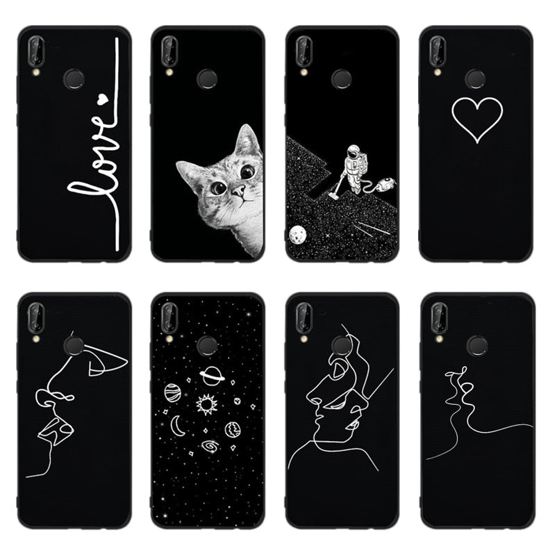 Space Man Cat Love Heart Pattern Cover For Huawei P10 P20 Lite P9 Lite 2017 P9 Lite Mimi P Smart Black White Soft phone Cases