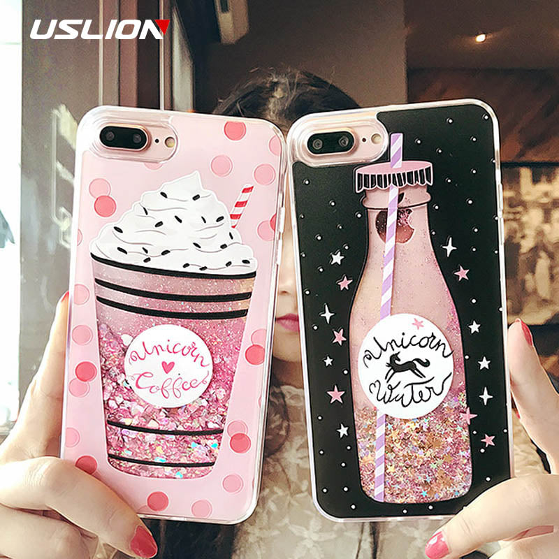 USLION Glitter Bottle Quicksand Dynamic Phone Case For iPhone X Bling Flowing Love Heart Sequins Cases For iPhone 8 7 6 6s Plus