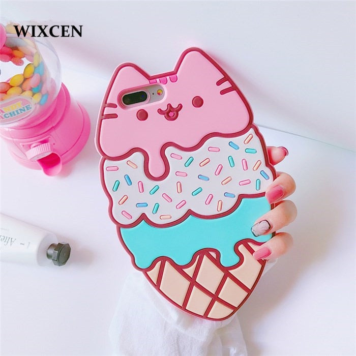 Wixcen Lovely 3D Cartoon Ice Cream Phone Case Soft pink Silicone Cat Case for Iphone 7 7 8plus 6 6s 6 Plus Cute Back Cover