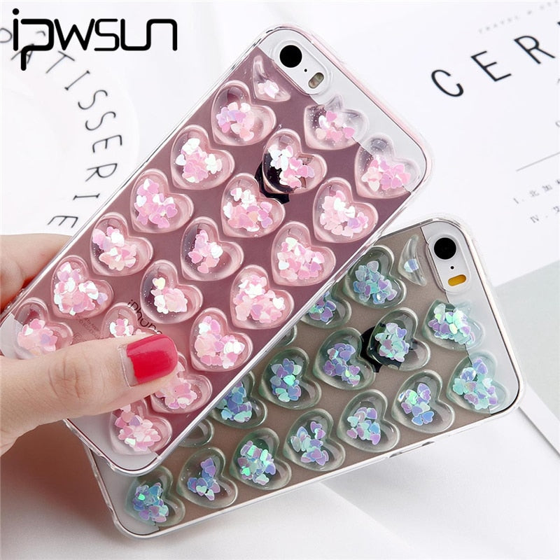 iPWSOO For iPhone 5 5S SE Phone Case Cute 3D Love Heart Glitter Bling Clear Soft TPU Phone Case For iPhone X 8 7 6 6S Plus Cover